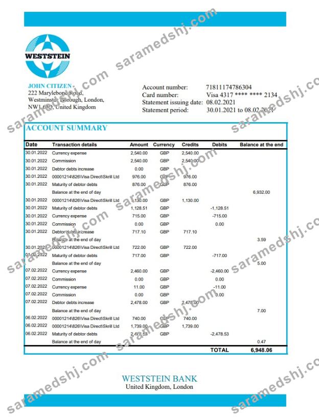 United Kingdom Weststein Bank excel
